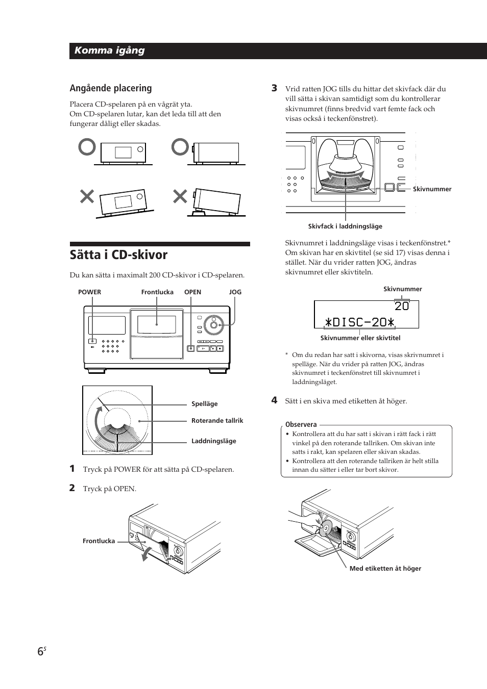 Sätta i cd-skivor, Disc-2o, Komma igång | Angående placering | Sony CDP-CX250 User Manual | Page 75 / 93