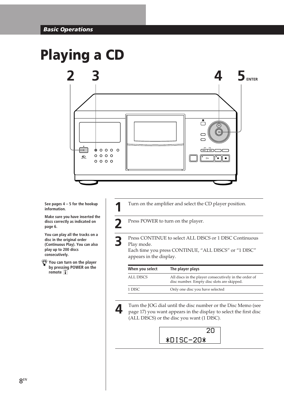 Playing a cd 2 3, Disc-2o, Basic operations | Sony CDP-CX250 User Manual | Page 8 / 93