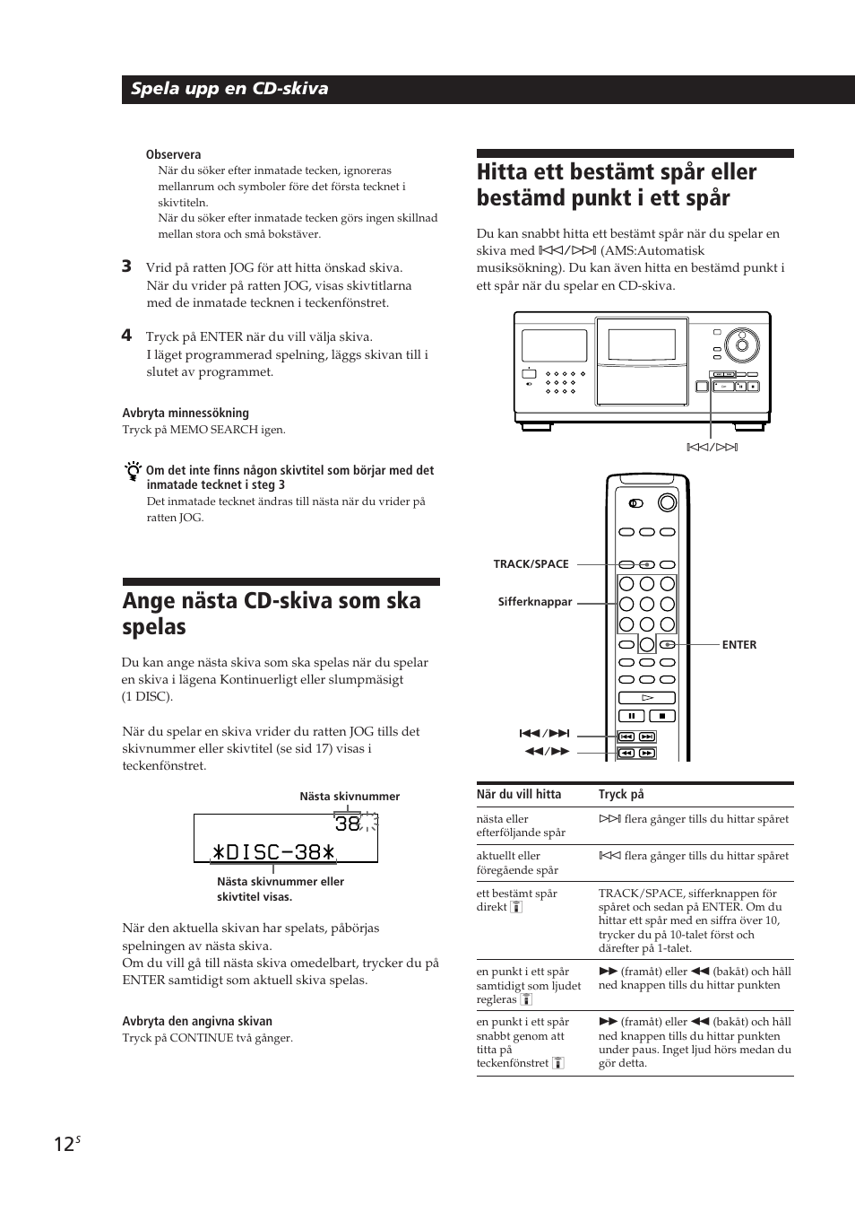 Ange nästa cd-skiva som ska spelas, Disc-38, Spela upp en cd-skiva | Sony CDP-CX250 User Manual | Page 81 / 93
