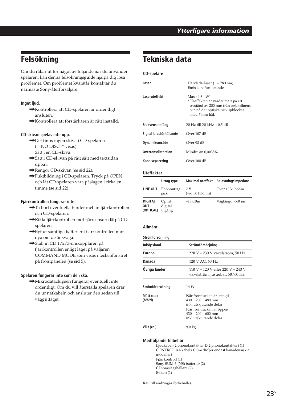 Felsökning, Tekniska data | Sony CDP-CX250 User Manual | Page 92 / 93