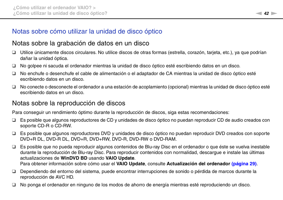 Notas sobre la reproducción de discos | Sony VPCS11G7E User Manual | Page 42 / 196