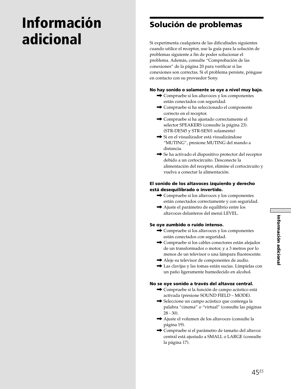 Información adicional 45, Solución de problemas 45, Información adicional | Solución de problemas | Sony STR-SE501 User Manual | Page 151 / 161