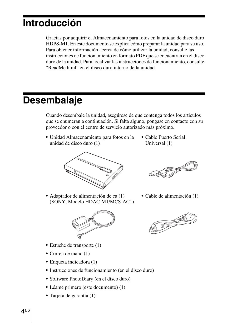 Introducción, Desembalaje | Sony HDPS-M1 User Manual | Page 10 / 24