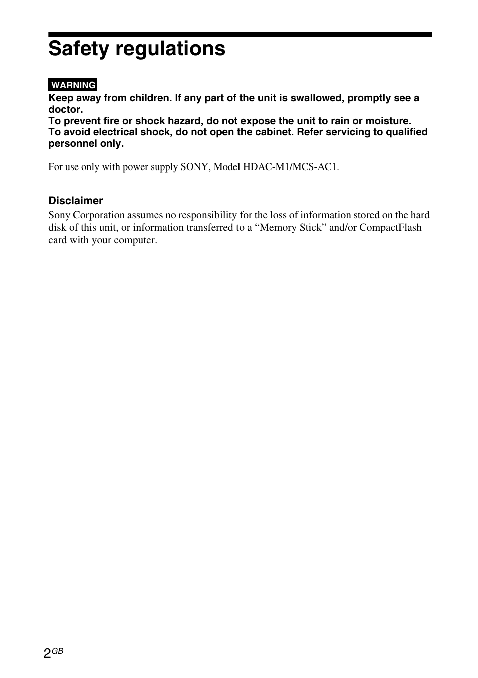Safety regulations | Sony HDPS-M1 User Manual | Page 2 / 24