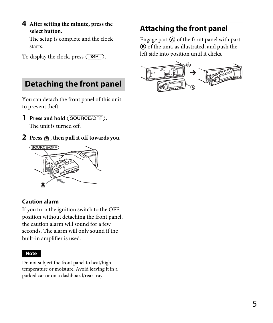 Detaching the front panel, Attaching the front panel | Sony DSX-A30 User Manual | Page 5 / 48