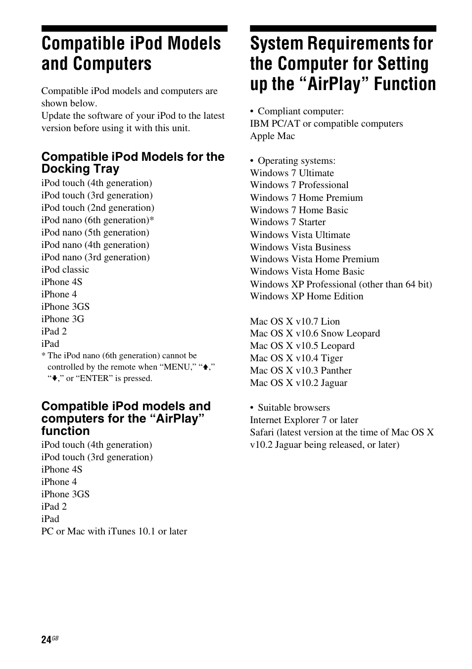 Compatible ipod models and computers, Compatible ipod models and, Computers | System requirements for the computer for, Setting up the “airplay” function | Sony RDP-XA700iP User Manual | Page 28 / 100