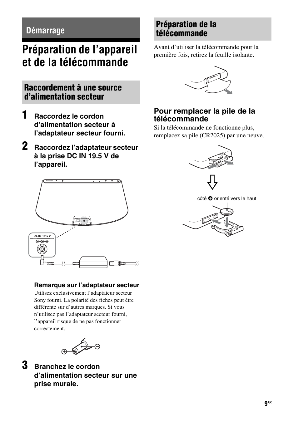 Démarrage, Préparation de l’appareil et de la télécommande, Raccordement à une source d’alimentation secteur | Préparation de la télécommande, Préparation de l’appareil et de la, Préparation de l’appareil et de la télécommande 1 | Sony RDP-XA700iP User Manual | Page 43 / 100