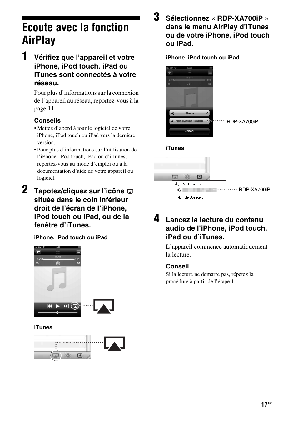 Ecoute avec la fonction airplay, Ecoute avec la fonction airplay 1 | Sony RDP-XA700iP User Manual | Page 51 / 100