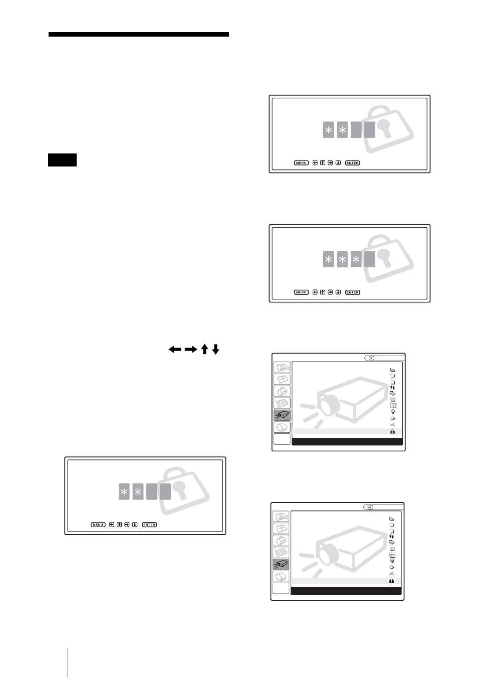 Bloq. seguridad, Bloq. de seguridad, Escriba la contraseña | Escriba la contraseña de nuevo, para confirmarla, Para usar el bloqueo de seguridad | Sony VPL-CX70 User Manual | Page 142 / 176