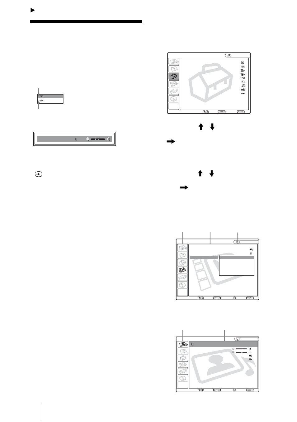 Realización de ajustes mediante el menú, Uso del menu, Pulse la tecla menu | Seleccione un elemento, Aparecerá el menú seleccionado | Sony VPL-CX70 User Manual | Page 146 / 176