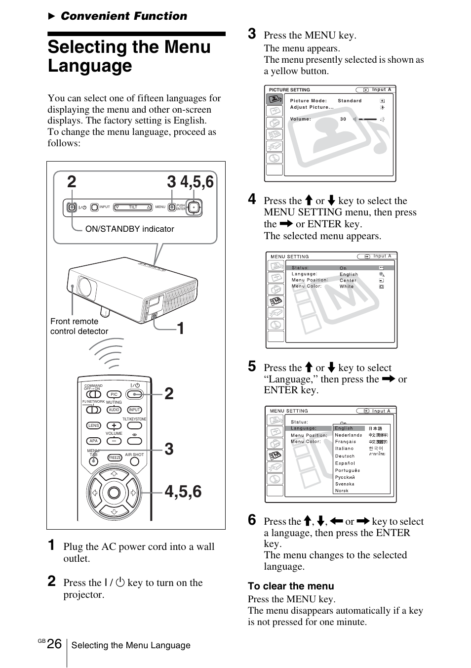 Convenient function, Selecting the menu language, Plug the ac power cord into a wall outlet | Press the i, Key to turn on the projector, Press the menu key | Sony VPL-CX70 User Manual | Page 26 / 176