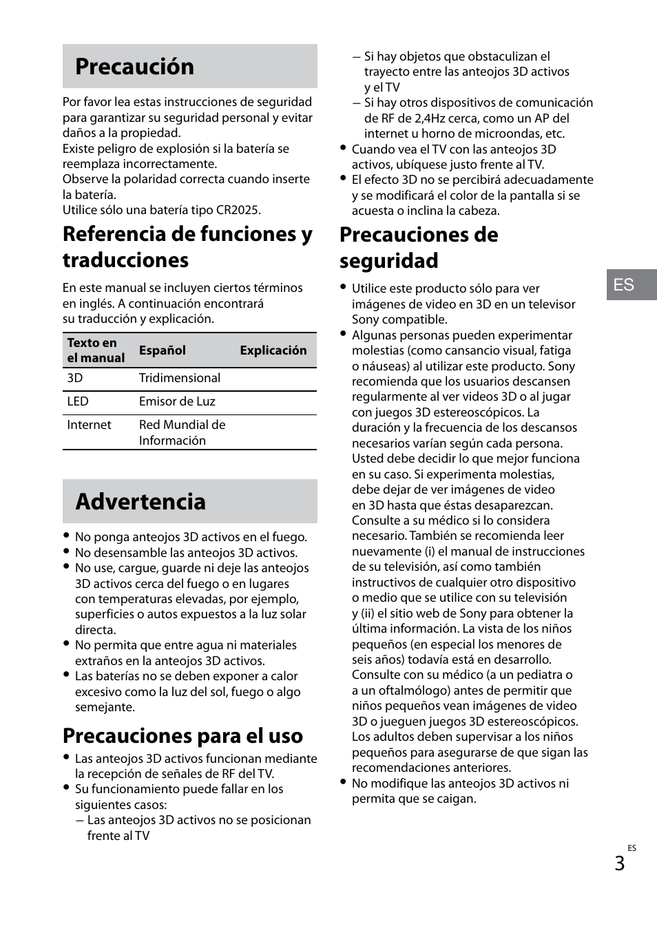 Precaución, Advertencia, Referencia de funciones y traducciones | Precauciones para el uso, Precauciones de seguridad | Sony TDG-BT400A User Manual | Page 15 / 60