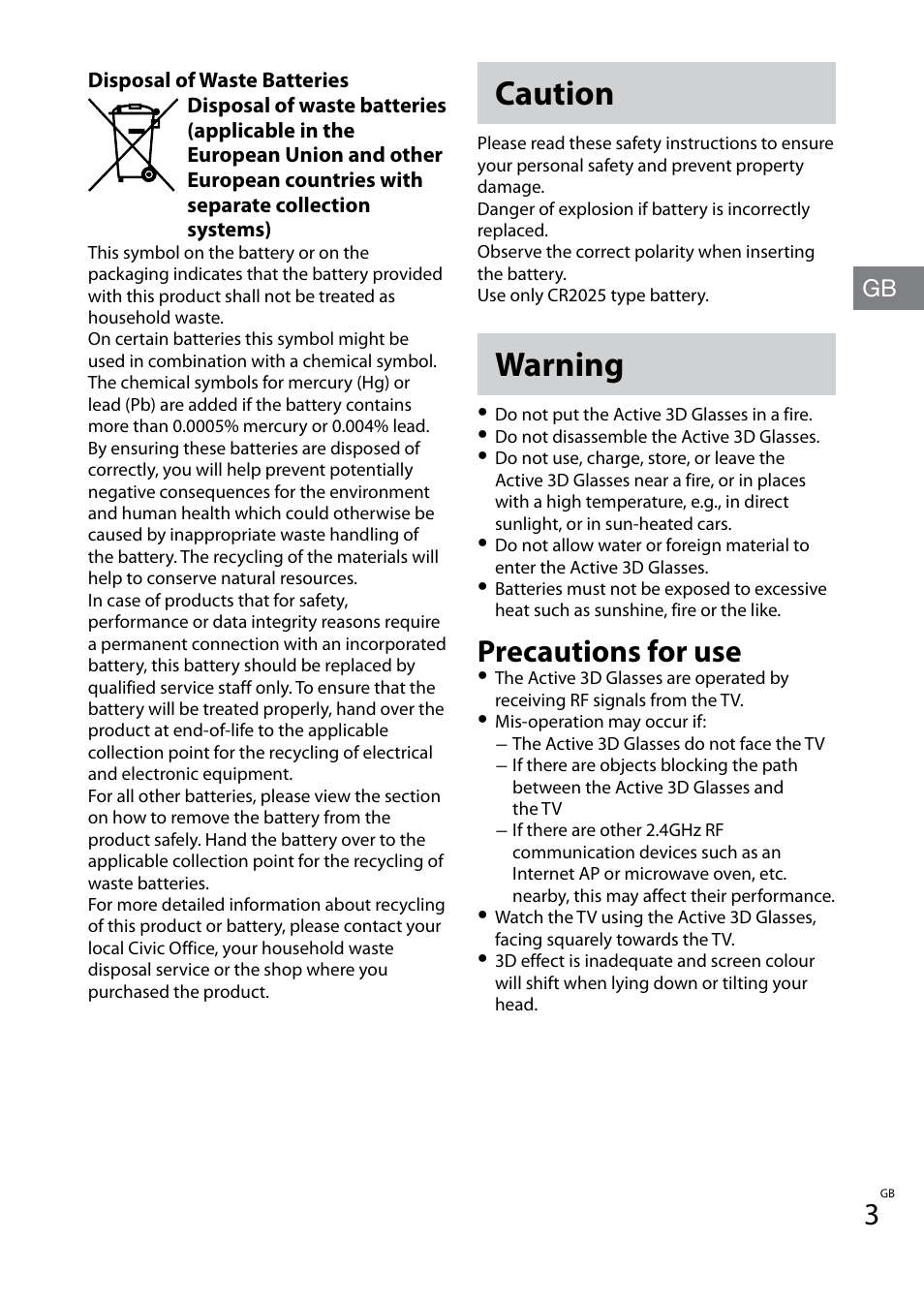Caution, Warning, Precautions for use | Sony TDG-BT400A User Manual | Page 3 / 60