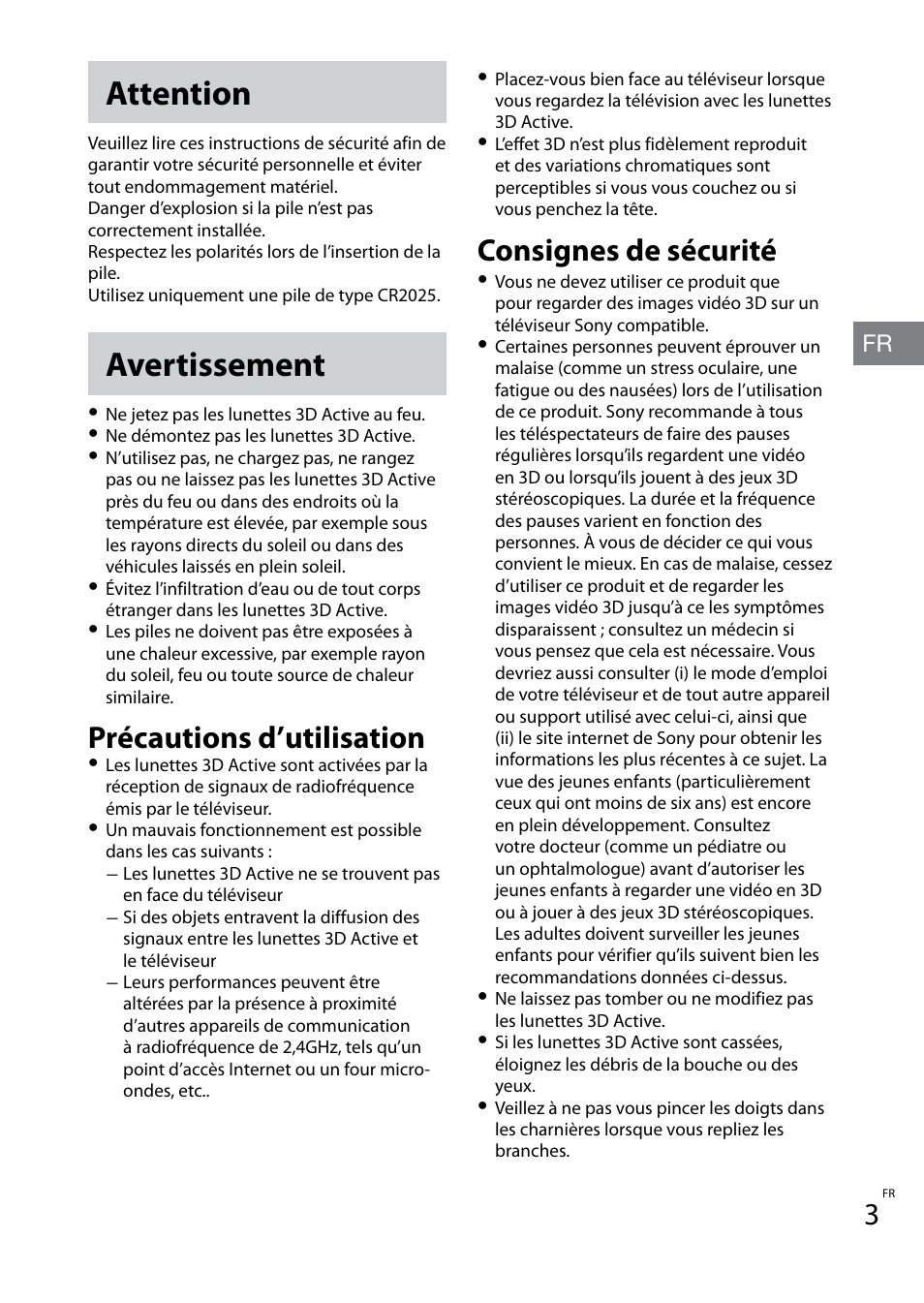 Attention, Avertissement, Précautions d’utilisation | Consignes de sécurité | Sony TDG-BT400A User Manual | Page 9 / 60