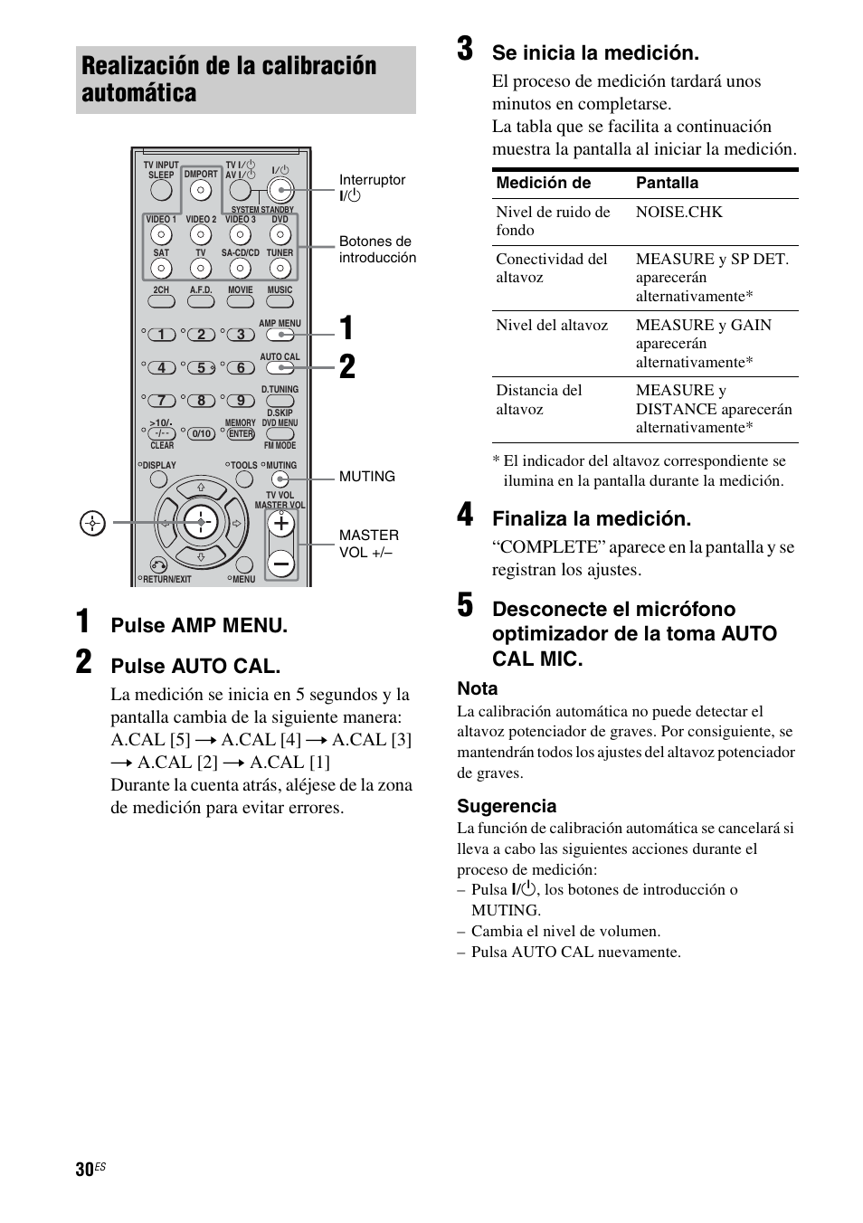 Realización de la calibración automática, Pulse amp menu, Pulse auto cal | Se inicia la medición, Finaliza la medición, Nota, Sugerencia | Sony STR-DG710 User Manual | Page 30 / 84