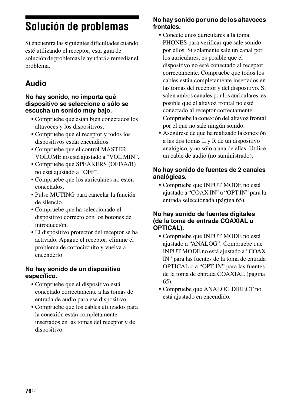 Solución de problemas, Audio | Sony STR-DG710 User Manual | Page 76 / 84
