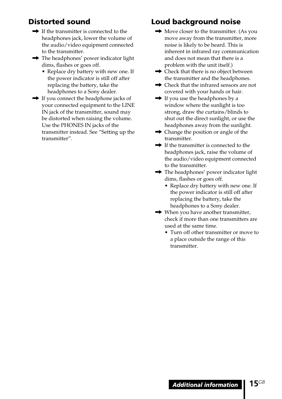 Distorted sound, Loud background noise | Sony MDR-IF140K User Manual | Page 15 / 44