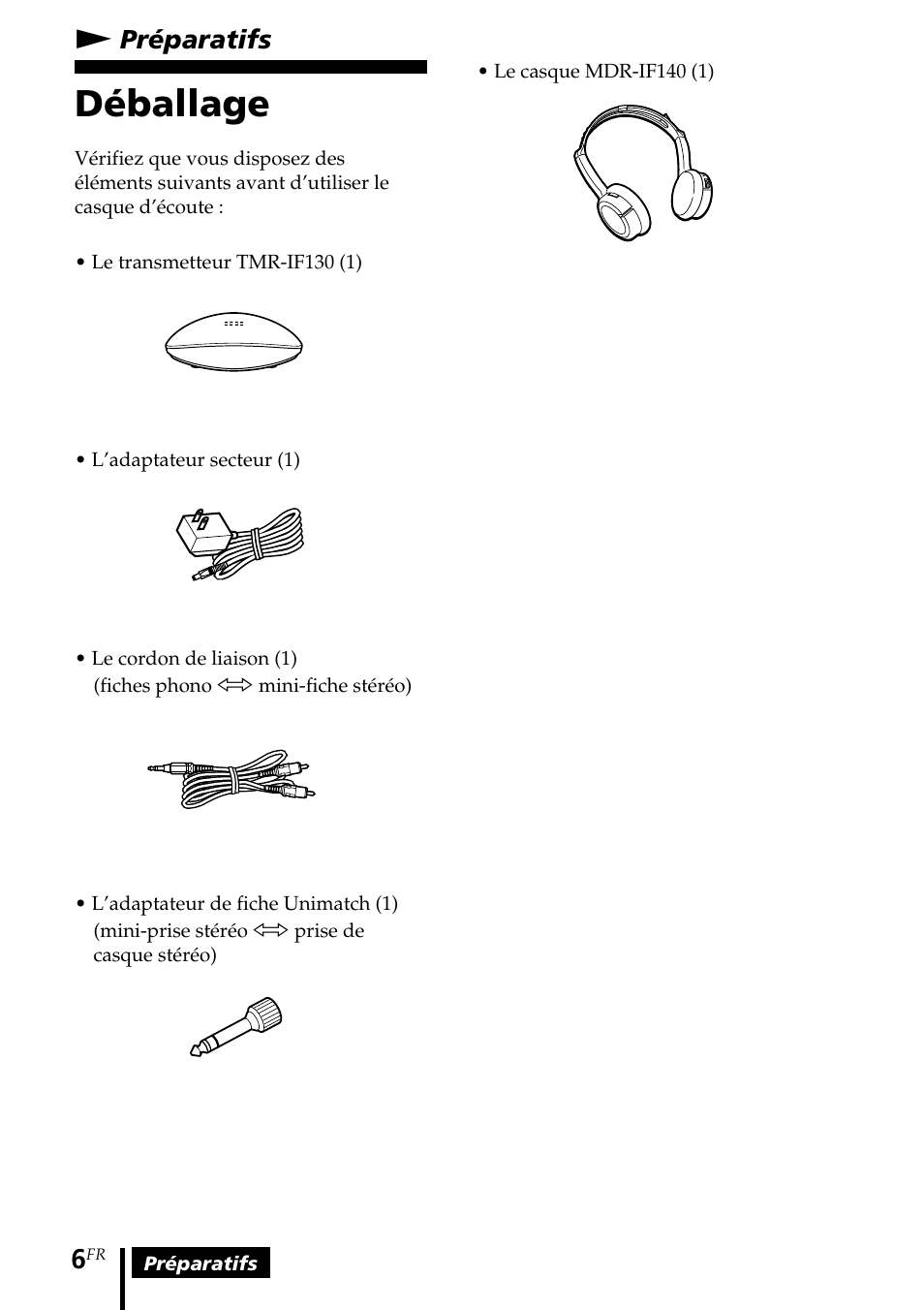 Préparatifs, Déballage, Npréparatifs | Sony MDR-IF140K User Manual | Page 20 / 44