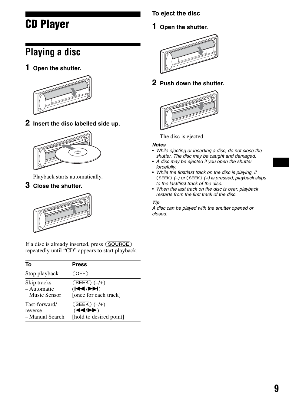 Cd player, Playing a disc | Sony CDX-R3000 User Manual | Page 9 / 60