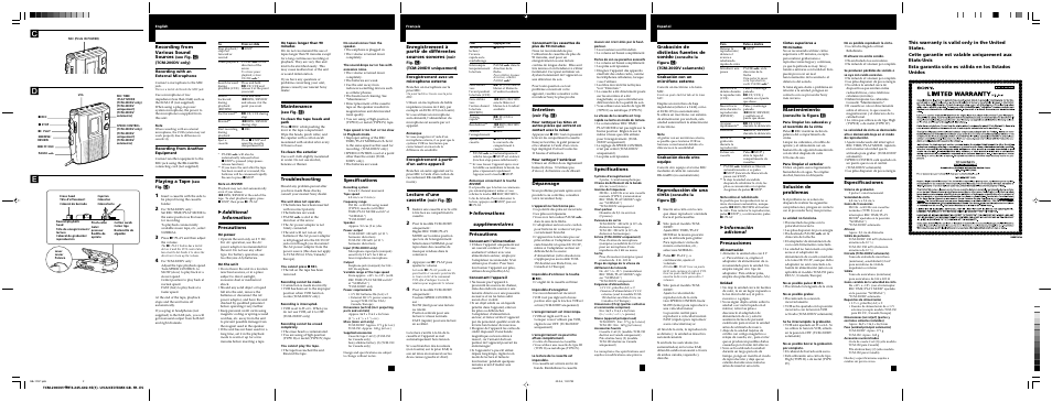Grabación de distintas fuentes de sonido, Reproducción de una cinta, Recording from various sound sources | Playing a tape, Badditional information precautions, Maintenance, Troubleshooting, Specifications, Mantenimiento, Solución de problemas | Sony TCM-150 User Manual | Page 2 / 2