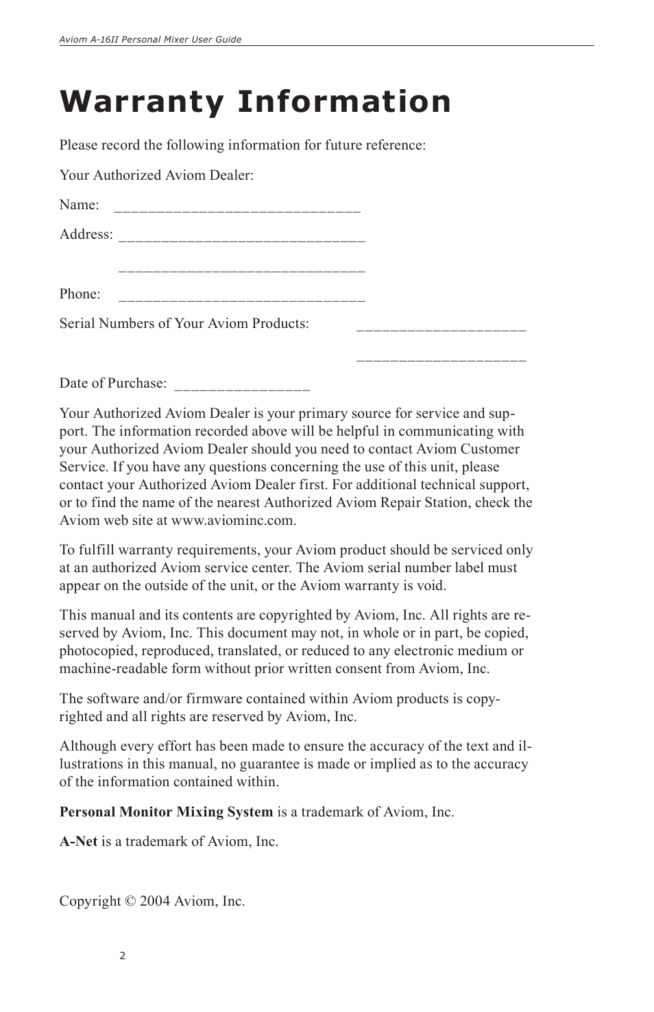 Warranty information | Aviom A-16II User Manual | Page 10 / 57