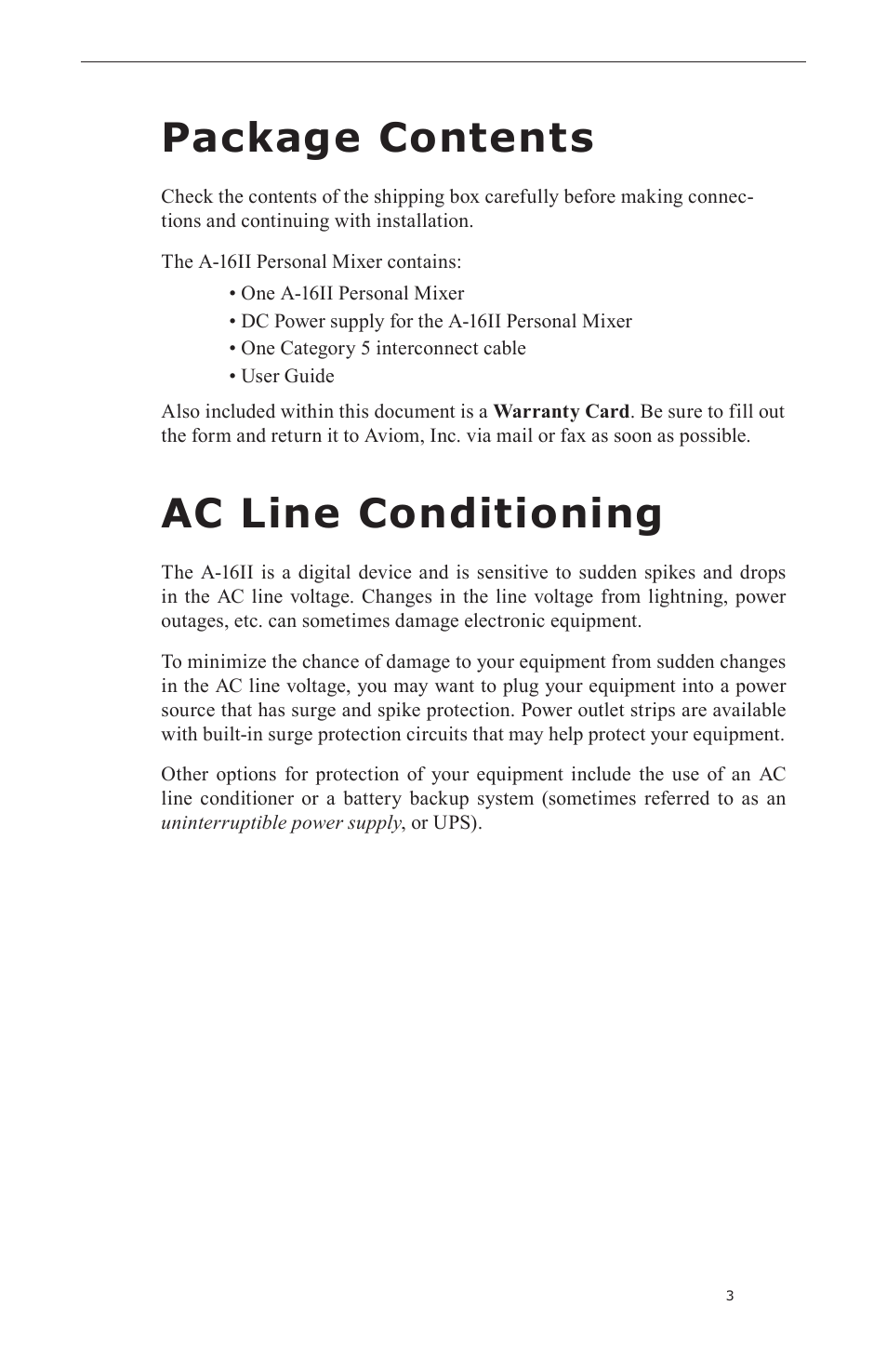 Package contents, Ac line conditioning | Aviom A-16II User Manual | Page 11 / 57