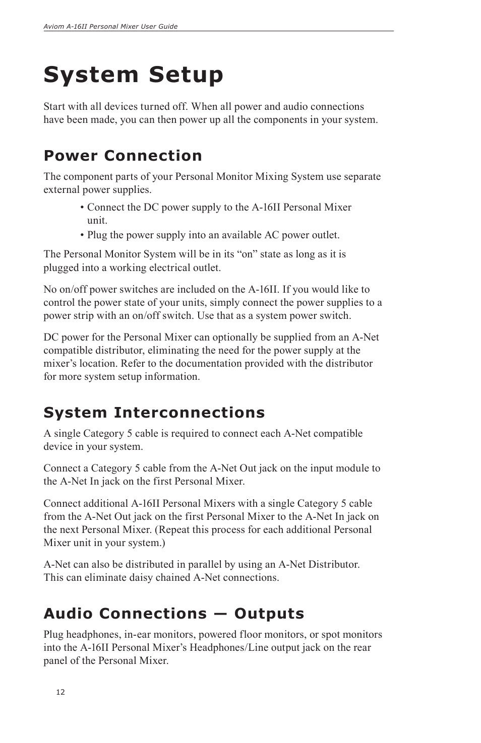 System setup, Power connection, System interconnections | Audio connections — outputs | Aviom A-16II User Manual | Page 20 / 57