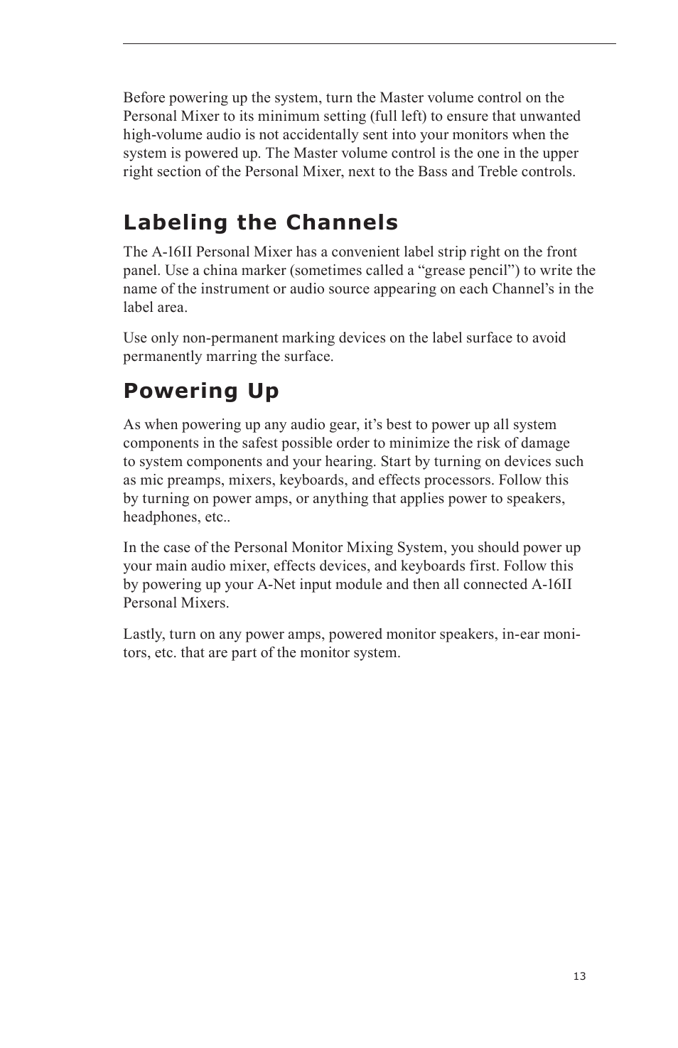 Labeling the channels, Powering up | Aviom A-16II User Manual | Page 21 / 57