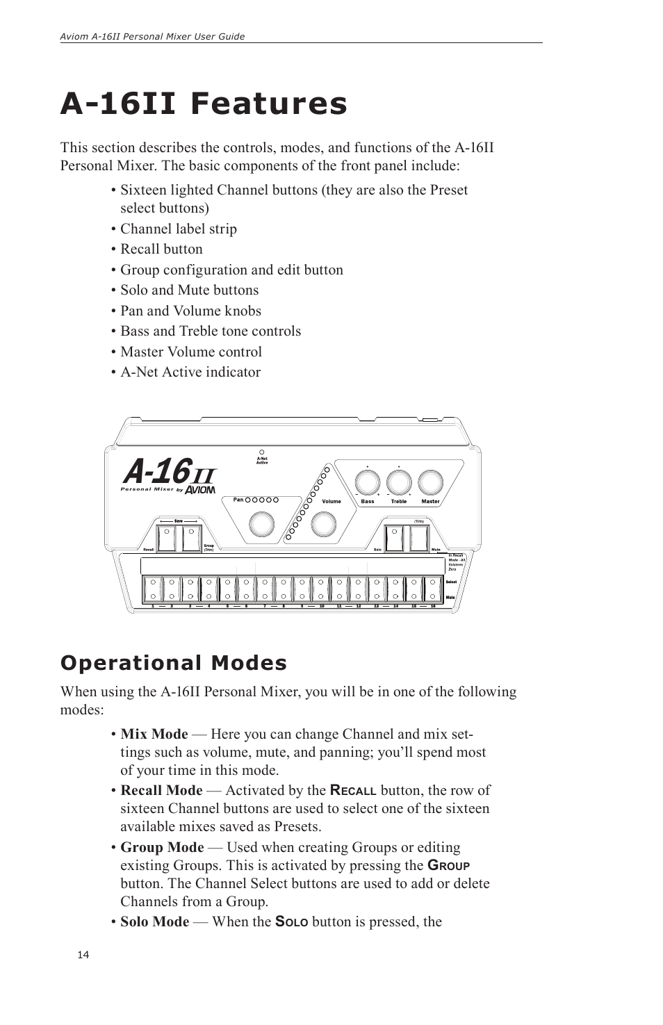 A-16, A-16ii features, Operational modes | Button is pressed, the | Aviom A-16II User Manual | Page 22 / 57