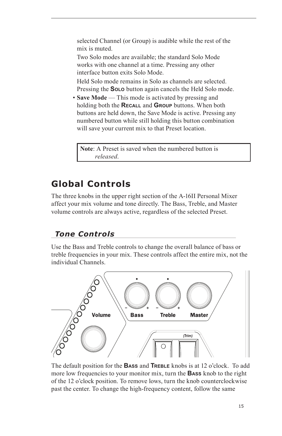 A-16, Global controls, Tone controls | Aviom A-16II User Manual | Page 23 / 57
