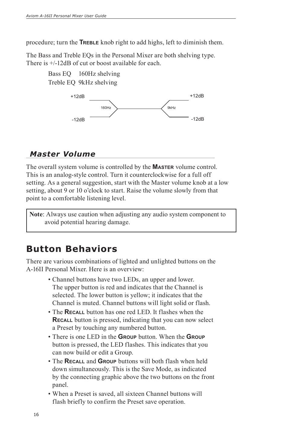 Button behaviors, Master volume | Aviom A-16II User Manual | Page 24 / 57
