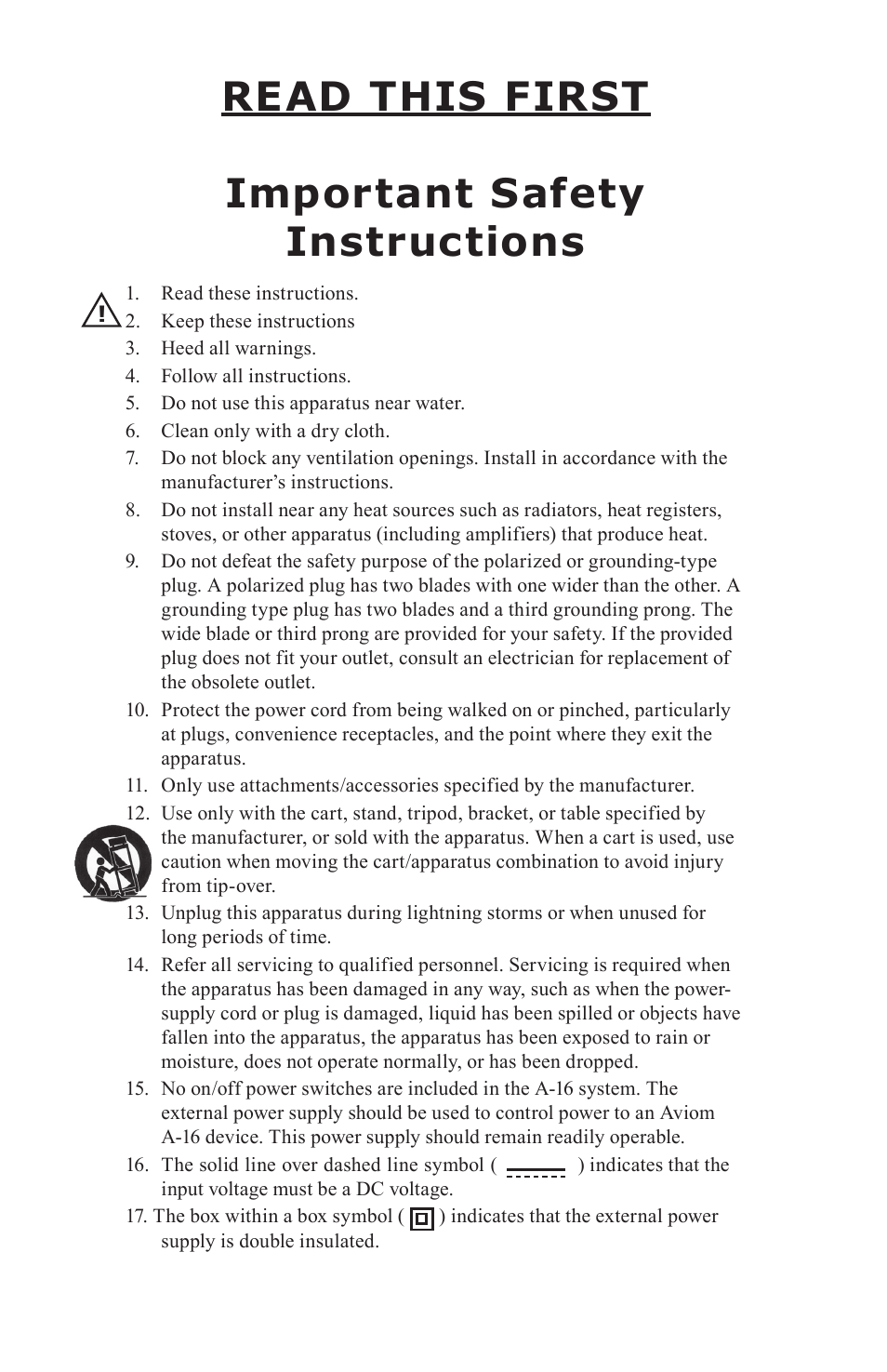Read this first important safety instructions | Aviom A-16II User Manual | Page 3 / 57