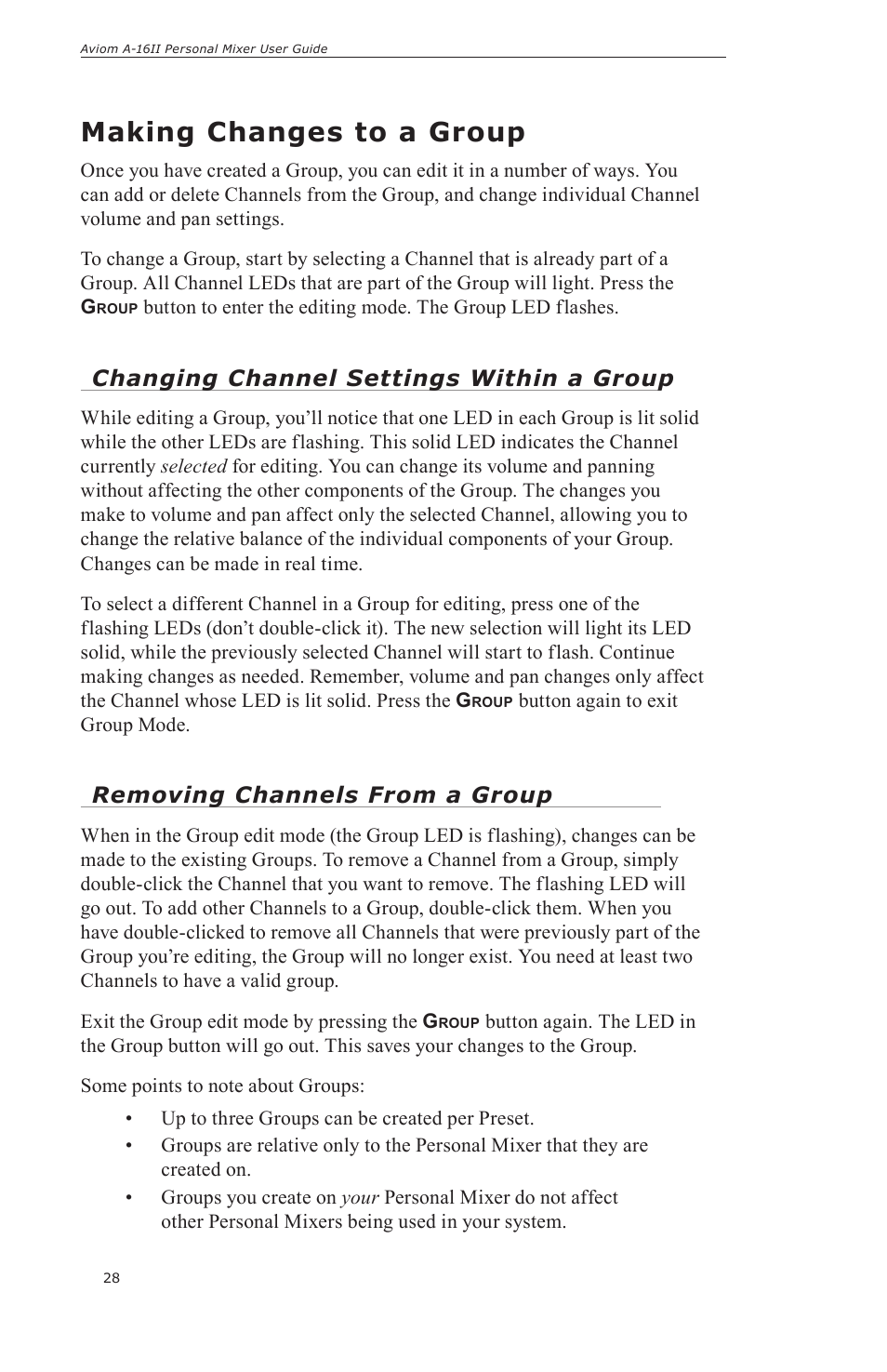 Making changes to a group, Changing channel settings within a group, Removing channels from a group | Aviom A-16II User Manual | Page 36 / 57