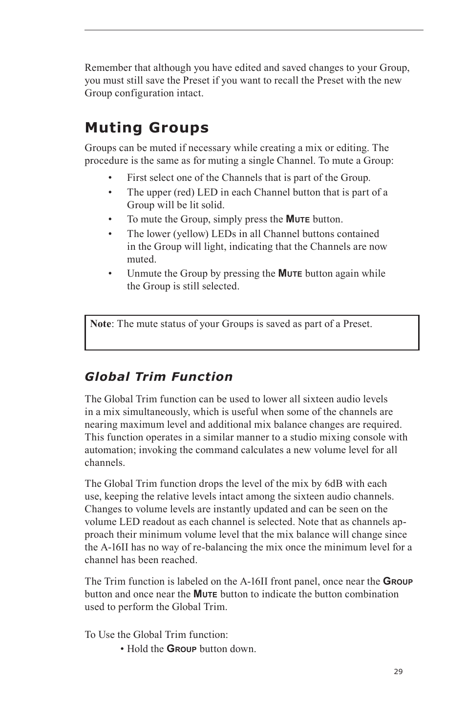 Muting groups, Global trim function | Aviom A-16II User Manual | Page 37 / 57