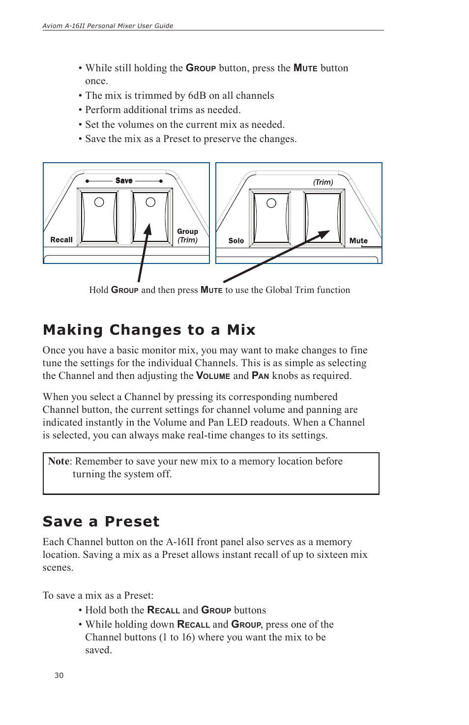 A-16, Making changes to a mix, Save a preset | Aviom A-16II User Manual | Page 38 / 57