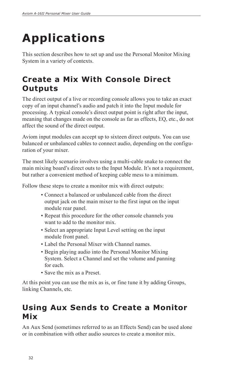 Applications, Create a mix with console direct outputs, Using aux sends to create a monitor mix | Aviom A-16II User Manual | Page 40 / 57