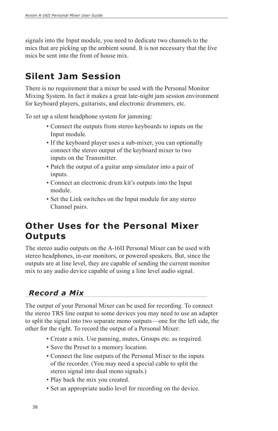 Silent jam session, Other uses for the personal mixer outputs | Aviom A-16II User Manual | Page 46 / 57