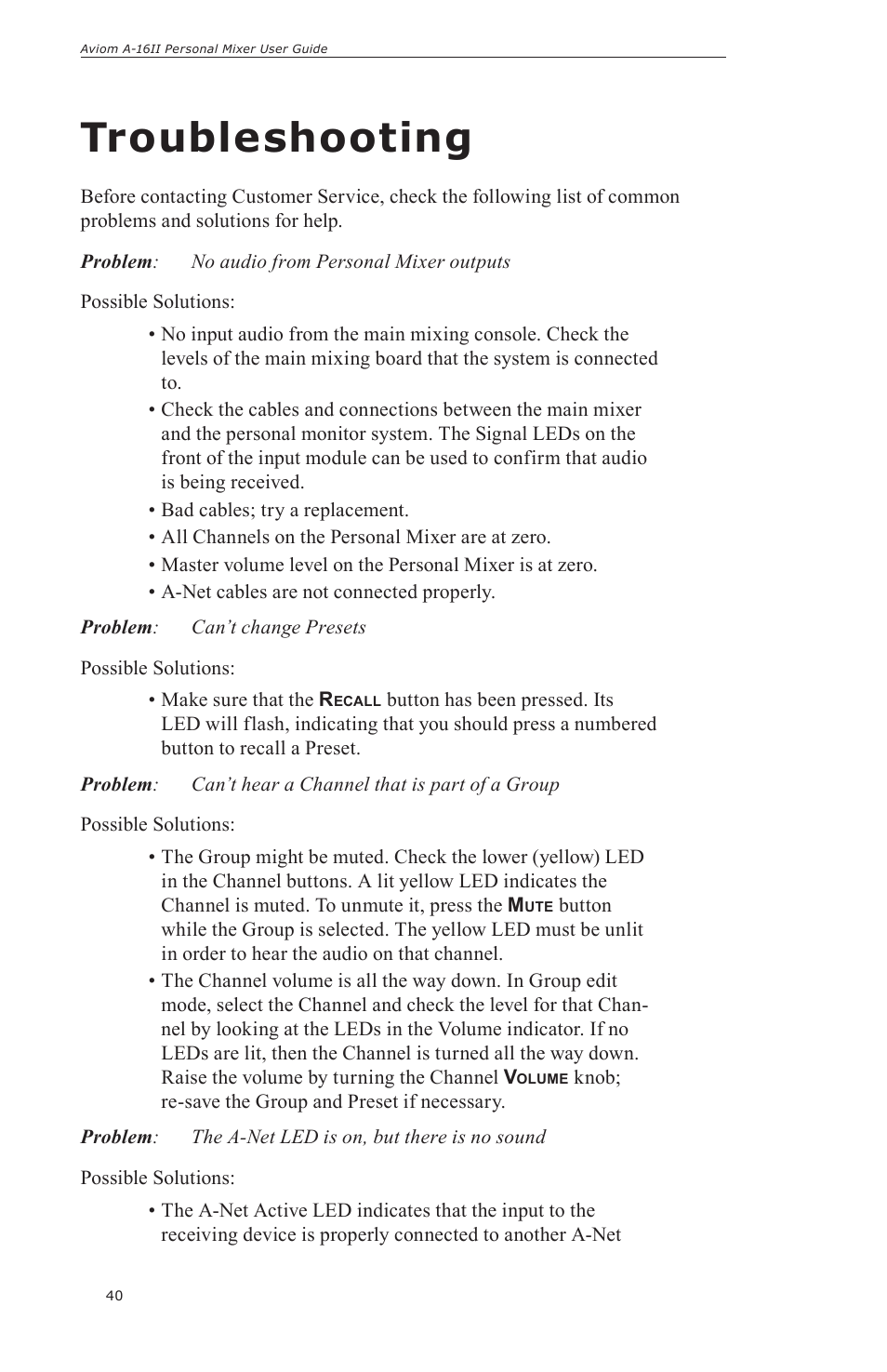 Troubleshooting | Aviom A-16II User Manual | Page 48 / 57