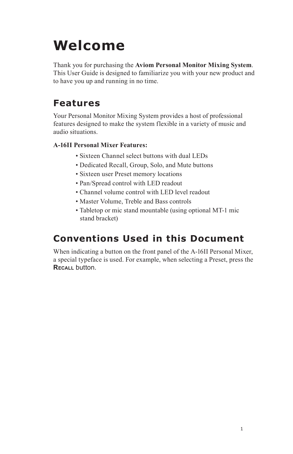 Welcome, Features, Conventions used in this document | Aviom A-16II User Manual | Page 9 / 57