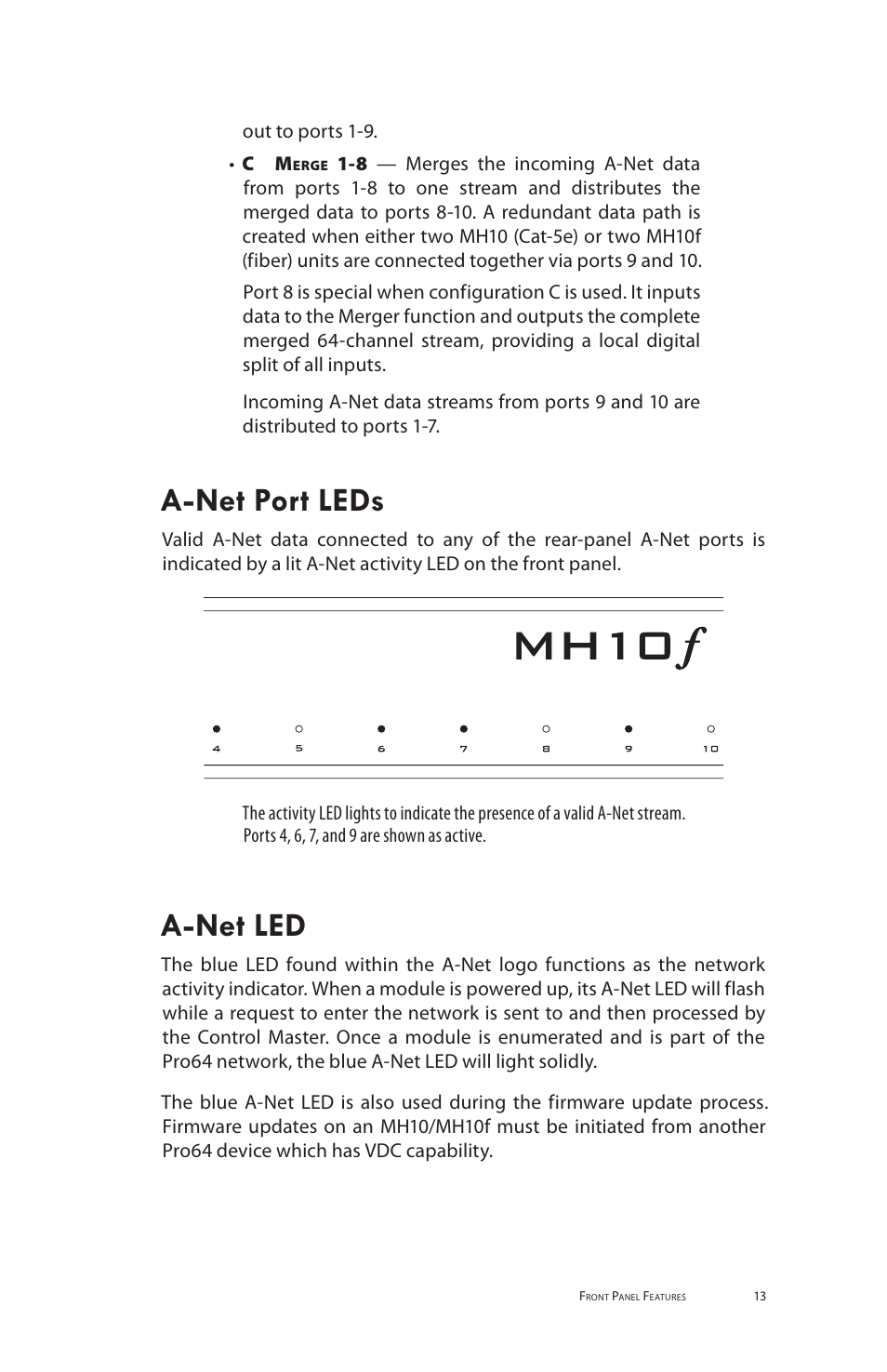 A-net port leds a-net led, A-net port leds, A-net led | Aviom MH10f User Manual | Page 21 / 41