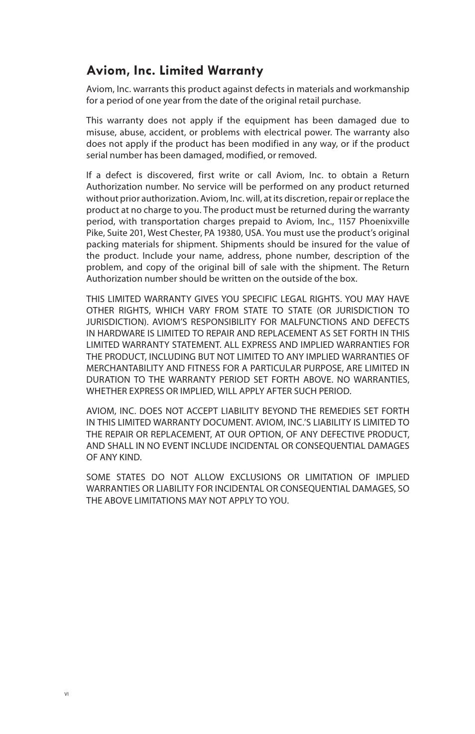 Aviom, inc. limited warranty | Aviom MH10f User Manual | Page 6 / 41