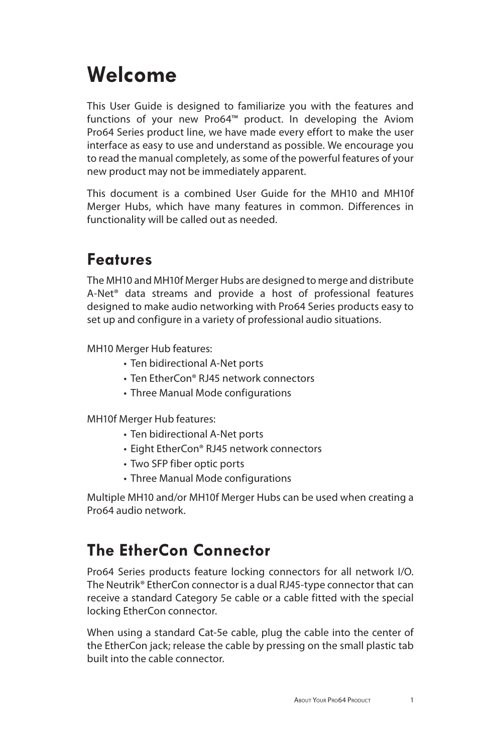 Welcome, Features the ethercon connector, Features | The ethercon connector | Aviom MH10f User Manual | Page 9 / 41