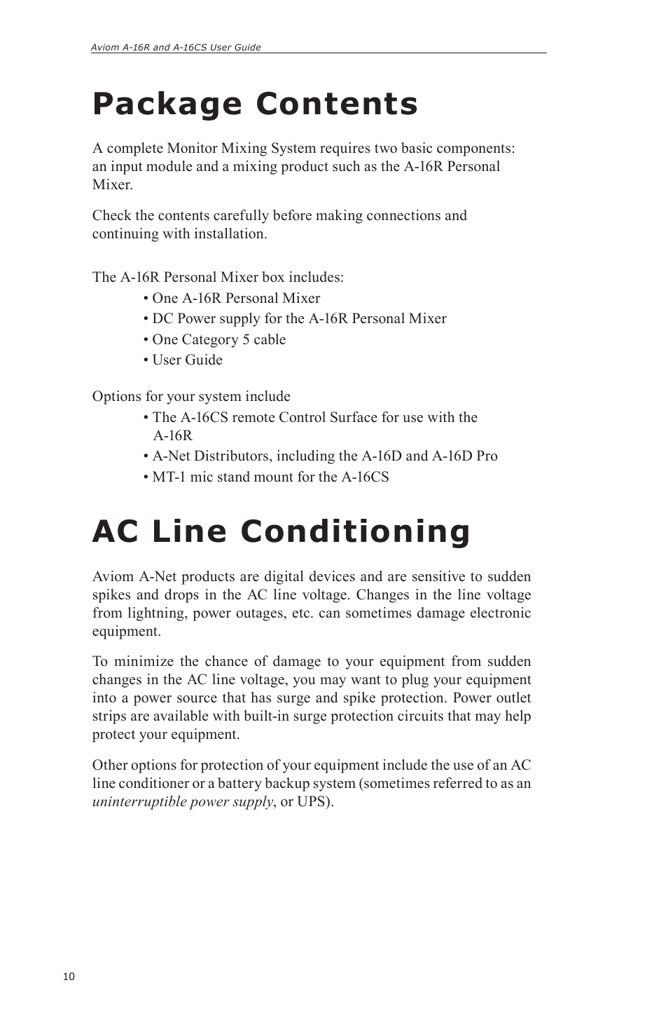 Package contents, Ac line conditioning | Aviom A-16CS User Manual | Page 20 / 92