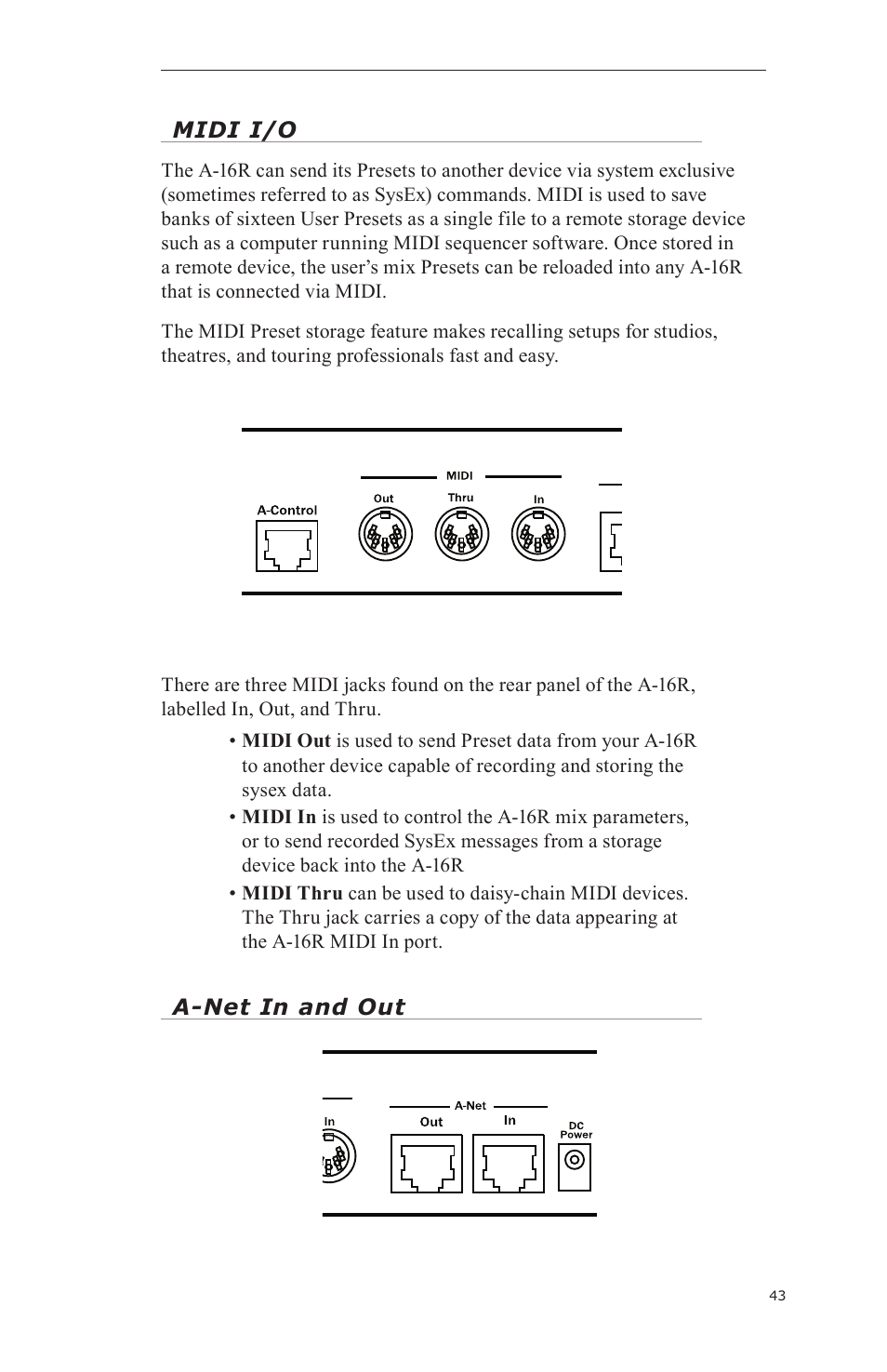 Midi i/o, A-net in and out | Aviom A-16CS User Manual | Page 53 / 92