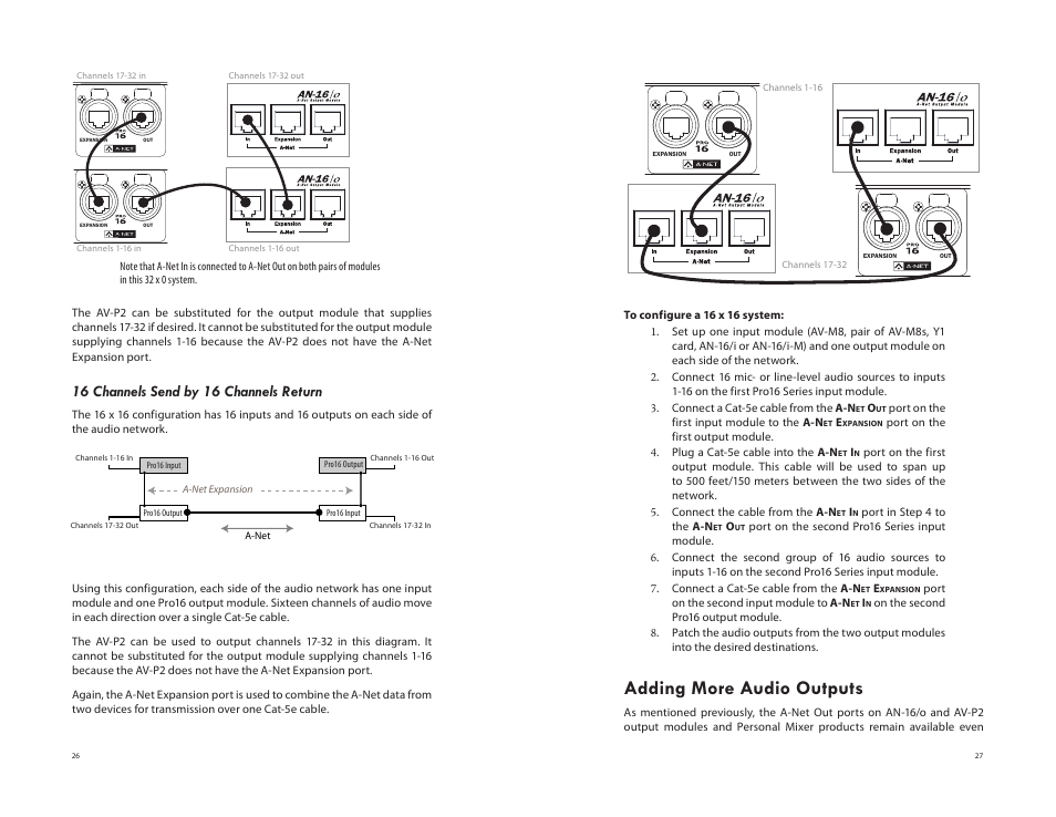 16 channels send by 16 channels return, Adding more audio outputs, Av-m8 | Aviom AV-P2 User Manual | Page 22 / 28