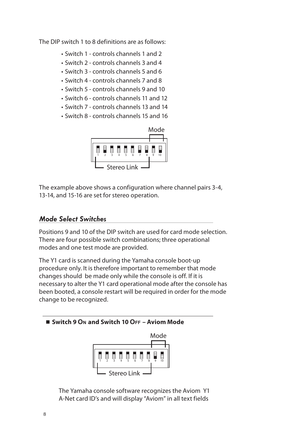 Mode select switches | Aviom 16/O-Y1 User Manual | Page 10 / 20