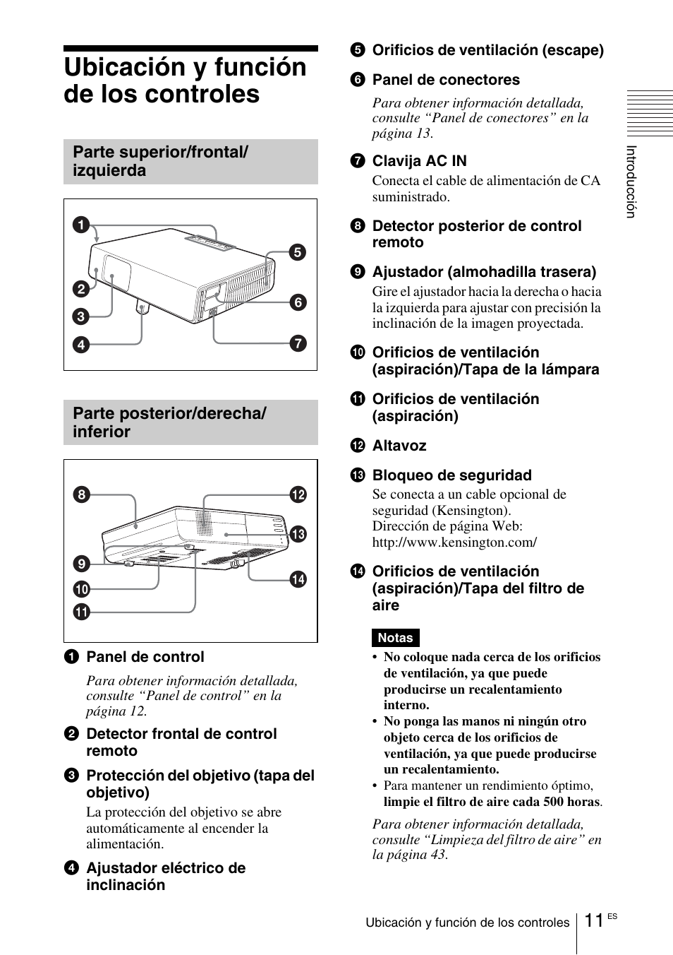 Ubicación y función de los controles, Parte superior/frontal/izquierda, Parte posterior/derecha/inferior | Parte superior/frontal, Izquierda, Parte posterior/derecha, Inferior | Sony VPL-CX70 User Manual | Page 127 / 180