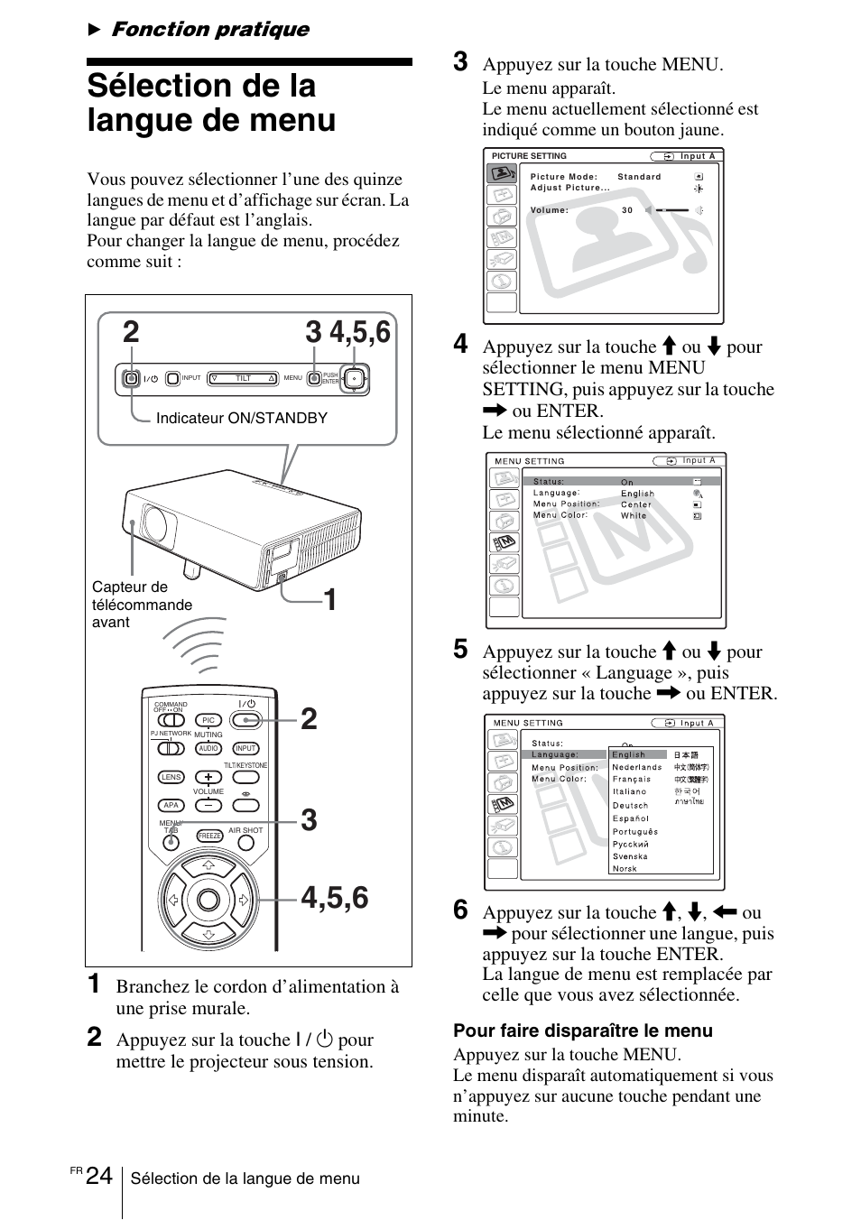 Fonction pratique, Sélection de la langue de menu, Appuyez sur la touche i | Pour mettre le projecteur sous tension, Appuyez sur la touche menu | Sony VPL-CX70 User Manual | Page 82 / 180