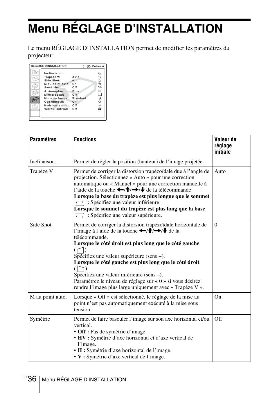 Menu réglage d’installation | Sony VPL-CX70 User Manual | Page 94 / 180