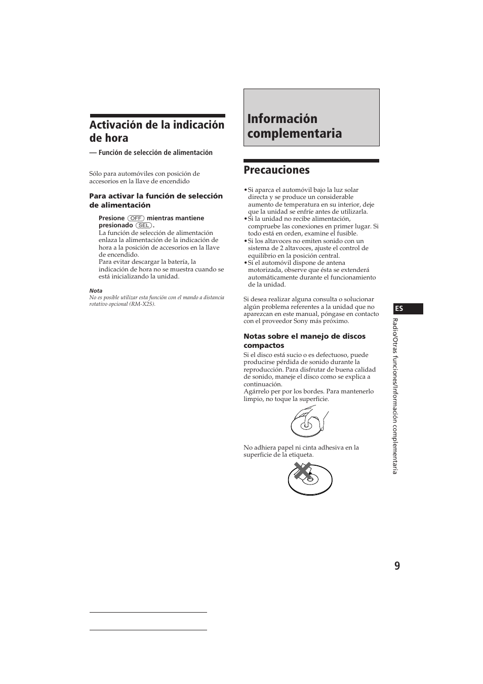 Información complementaria, Precauciones, Activación de la indicación de hora | Sony CDX-4160 User Manual | Page 23 / 32